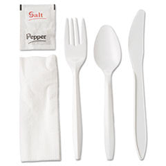 Wrapped Cutlery Kit, 6 1/4", Fork/Knife/Spoon/Napkin/Salt/Pepper, White